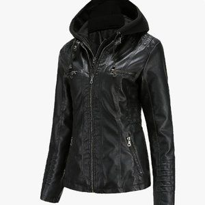 NEW, NEVER WORN Tagoo Faux Leather Jacket Women Motorcycle Coat, removable hood